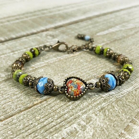 MillefioriHeart Cabochon in Bronze Bracelet with Czech Glass Beads - Picture 1 of 8